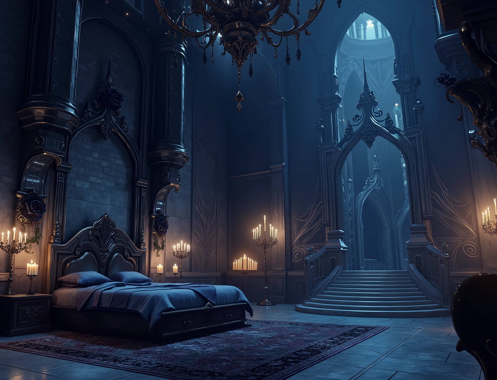 high definition, Accuracy, High detail, medieval castle спальня , aura dark blue , fantasy bedroom , without people, roses black decorated walls, candles, realism