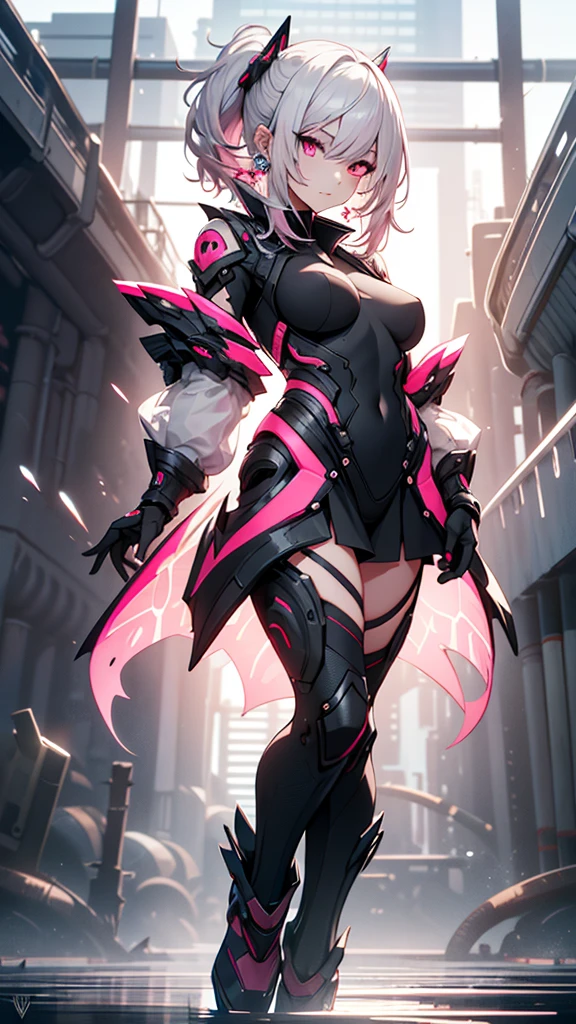 1girl, android girl, half futuristic armor, half transparent lingerie with stockings and garter belt, bustier with lace bra, puffy nipples visible through the bustier, slim body, purple ultra detailed eyes, pink and white hair, extremely detailed face, perfect facial symmetry, perfect body, on an unknown planet, in the background futuristic spaceship, side view from below, concept art, digital painting, cinematic lighting, dramatic shadows, vibrant colors, intricate details, hyperrealistic, (best quality,4k,8k,highres,masterpiece:1.2),ultra-detailed,(realistic,photorealistic,photo-realistic:1.37)