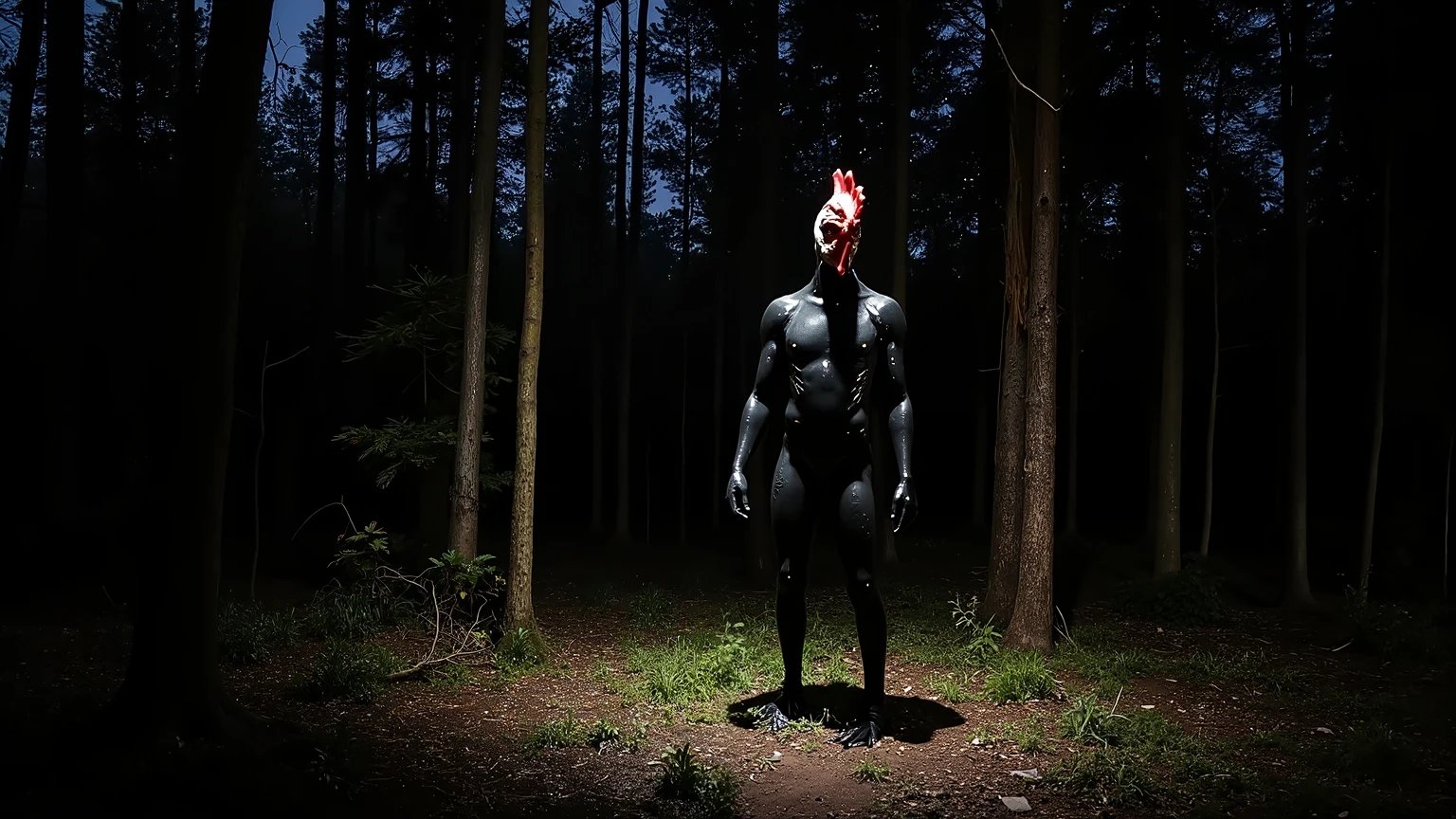 Muscular man dressed as Pennywise without shirt. The background is a dark forest.
