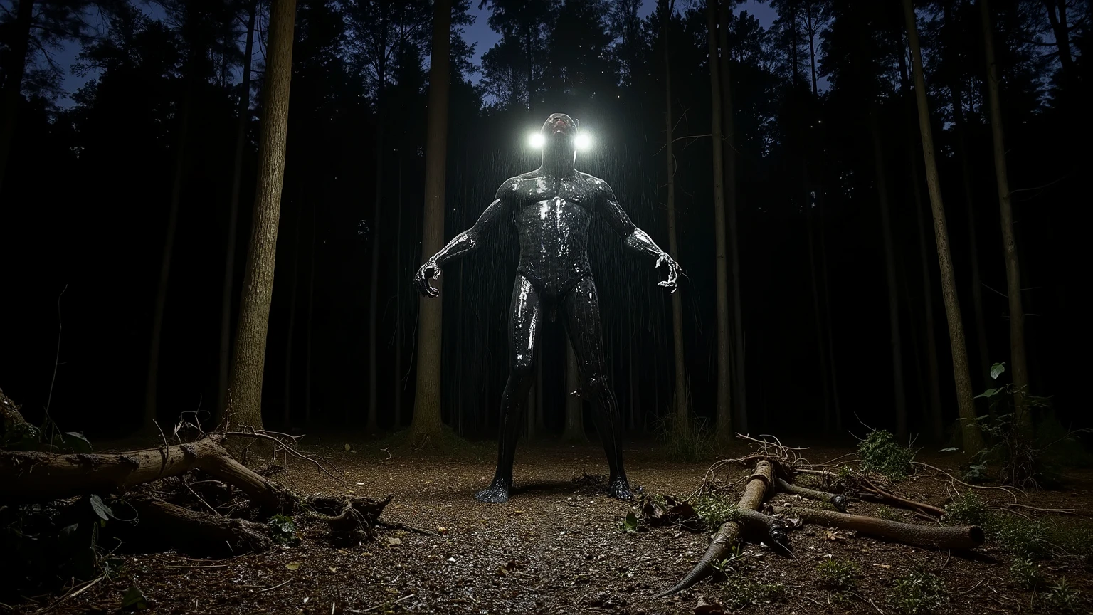 flash photography. a pitch black dark densely wooded winter forest at night. The sky is black. A very wet creature is lurking, it is a 2 metre tall very wet humanoid made of black wet fish body with black wet human legs legs and a chicken head. ((Wet black pvc)). wet black rubber. ((flash photograpy)). wet. the creature is lit from the front by a camera flash.