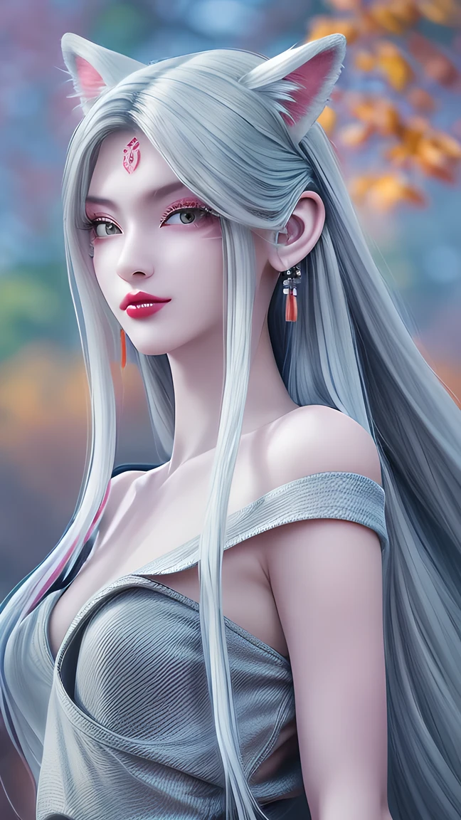  masterpiece,  Best Quality,  HD , ( Colorful background: 1.4), [ flash], [  viewers , portrait , Cute Chinese Girl 1 Man  ], ( long hair, Silver Hair ,  wave roll ,  Artistic Multi-colored Twisted Big Braids : 1.3,  furry fox ears , ), off-the-shoulder dress  ,  delicate facial features ,  red lips,  Single woman's earrings ,  necklace ，Exquisite slim long legs