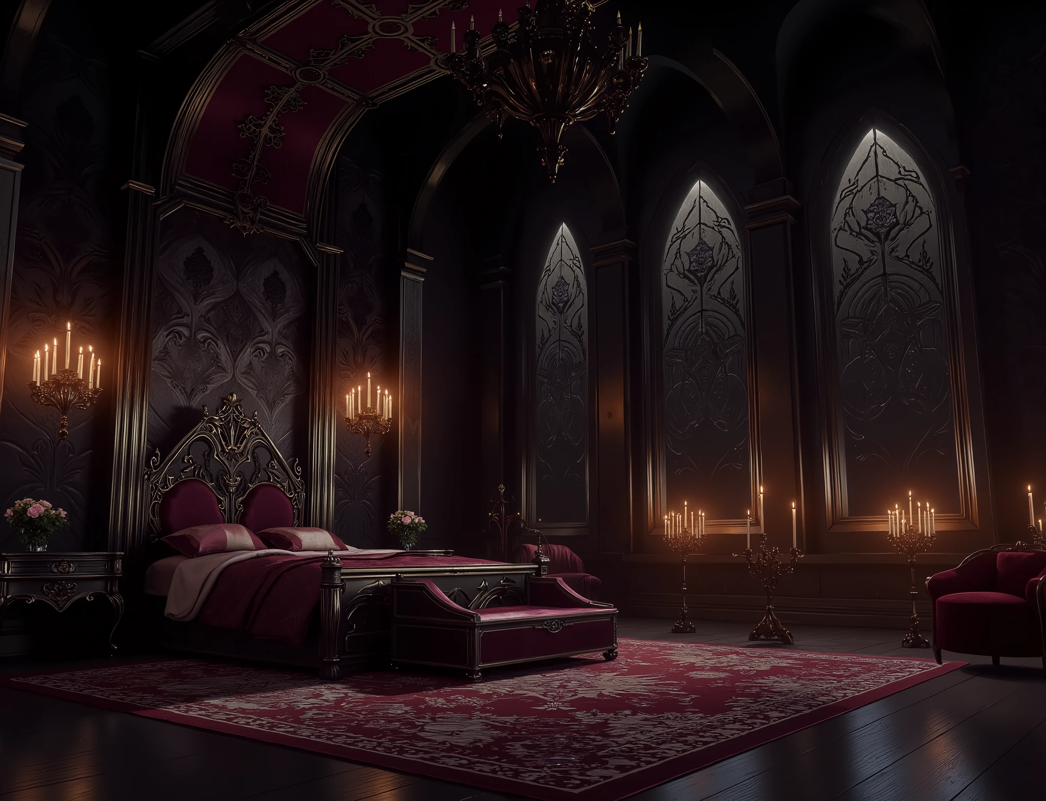 high definition, Accuracy, High detail, medieval castle спальня , aura dark , fantasy bedroom , without people, roses black decorated walls, candles, realism