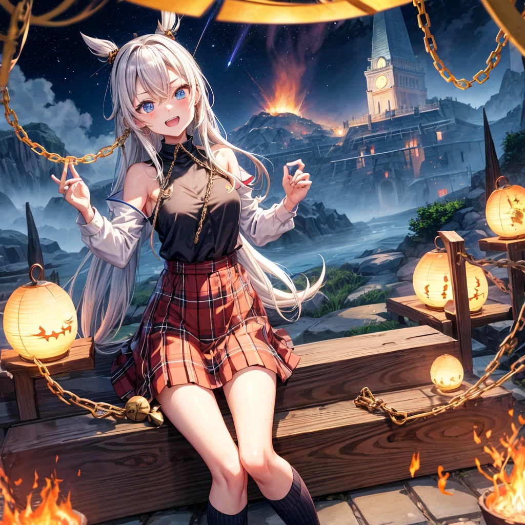 Red-blonde、poneyTail、verd s eyes、one good looking girl、独奏、animesque、lightly dressed、Plaid miniskirt、a black T-shirt、grass field、sitting on、fullmoon、candle fire、Meteor swarm、starrysky、are flying、golden castle、A chicken is on top of the bull and the bull is going wild.