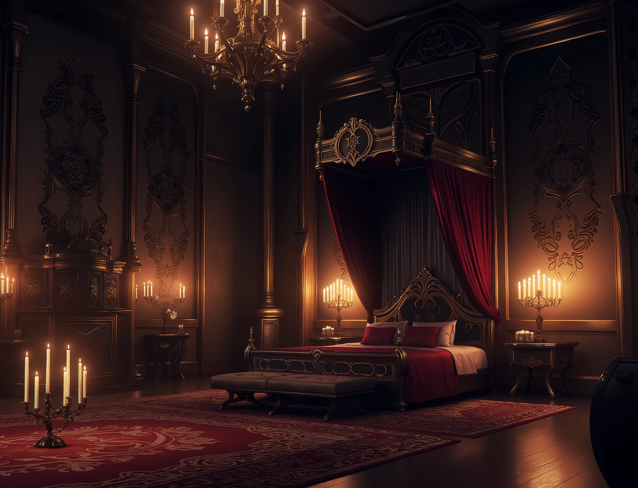 high definition, Accuracy, High detail, medieval castle спальня , aura dark , fantasy bedroom , without people, roses black decorated walls, candles, realism