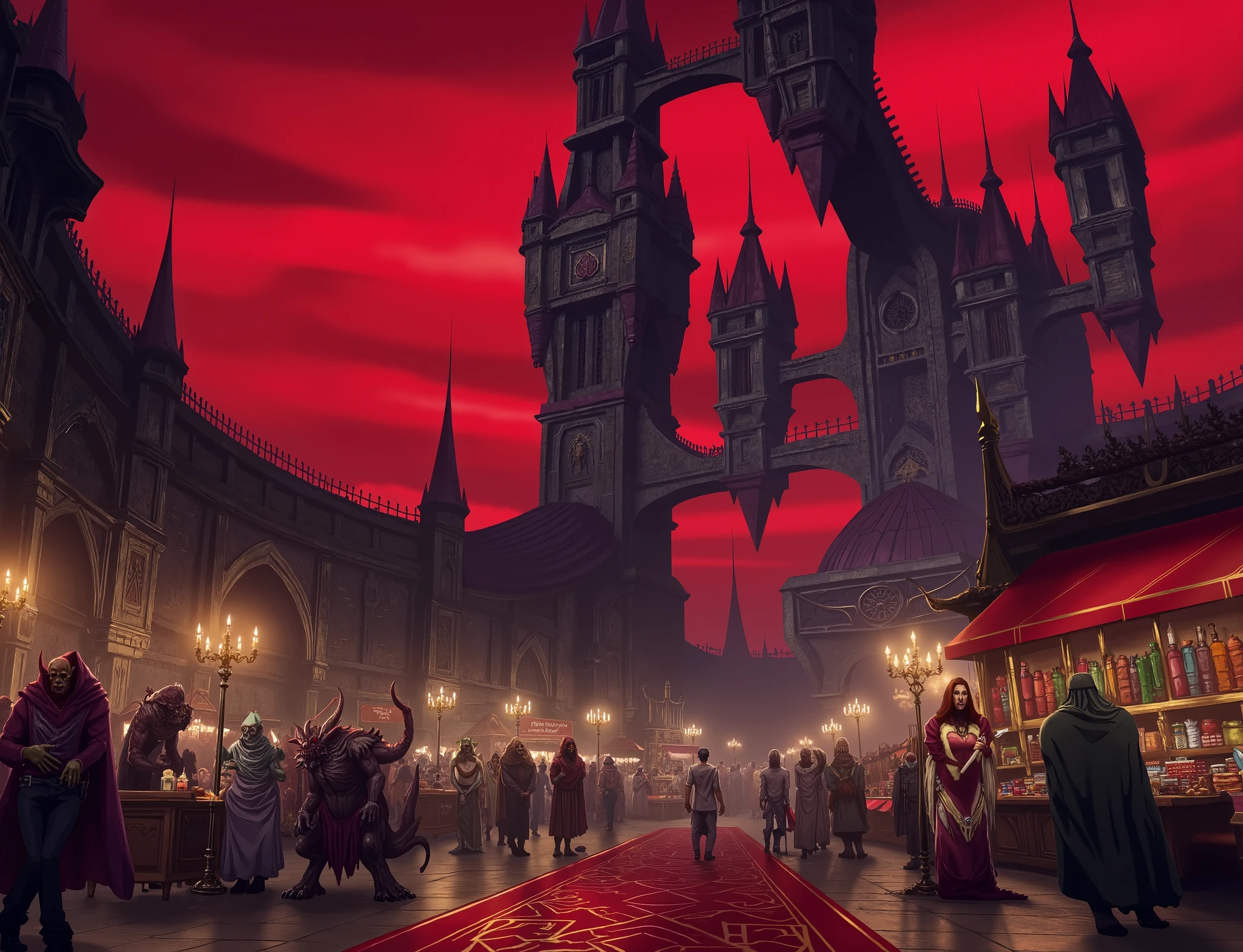 high definition, Accuracy, High detail, medieval kingdom with red skies , big market with monsters by elves ,