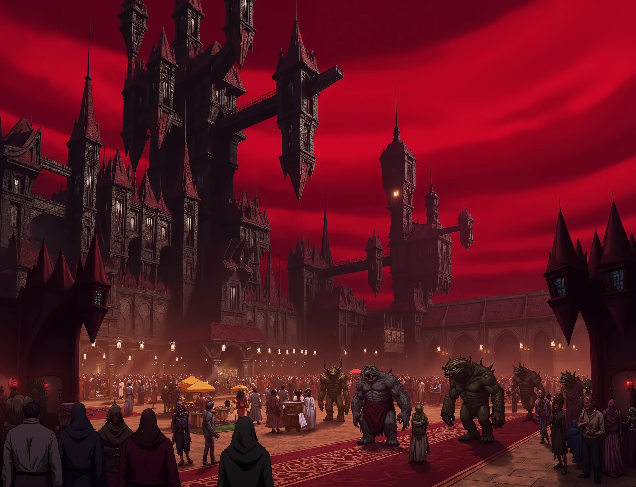 high definition, Accuracy, High detail, medieval kingdom with red skies , big market with monsters by elves ,
