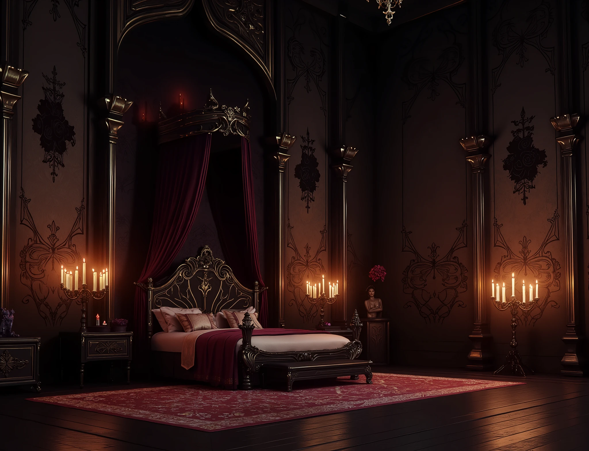 high definition, Accuracy, High detail, medieval castle спальня , aura dark , fantasy bedroom , without people, roses black decorated walls, candles, realism