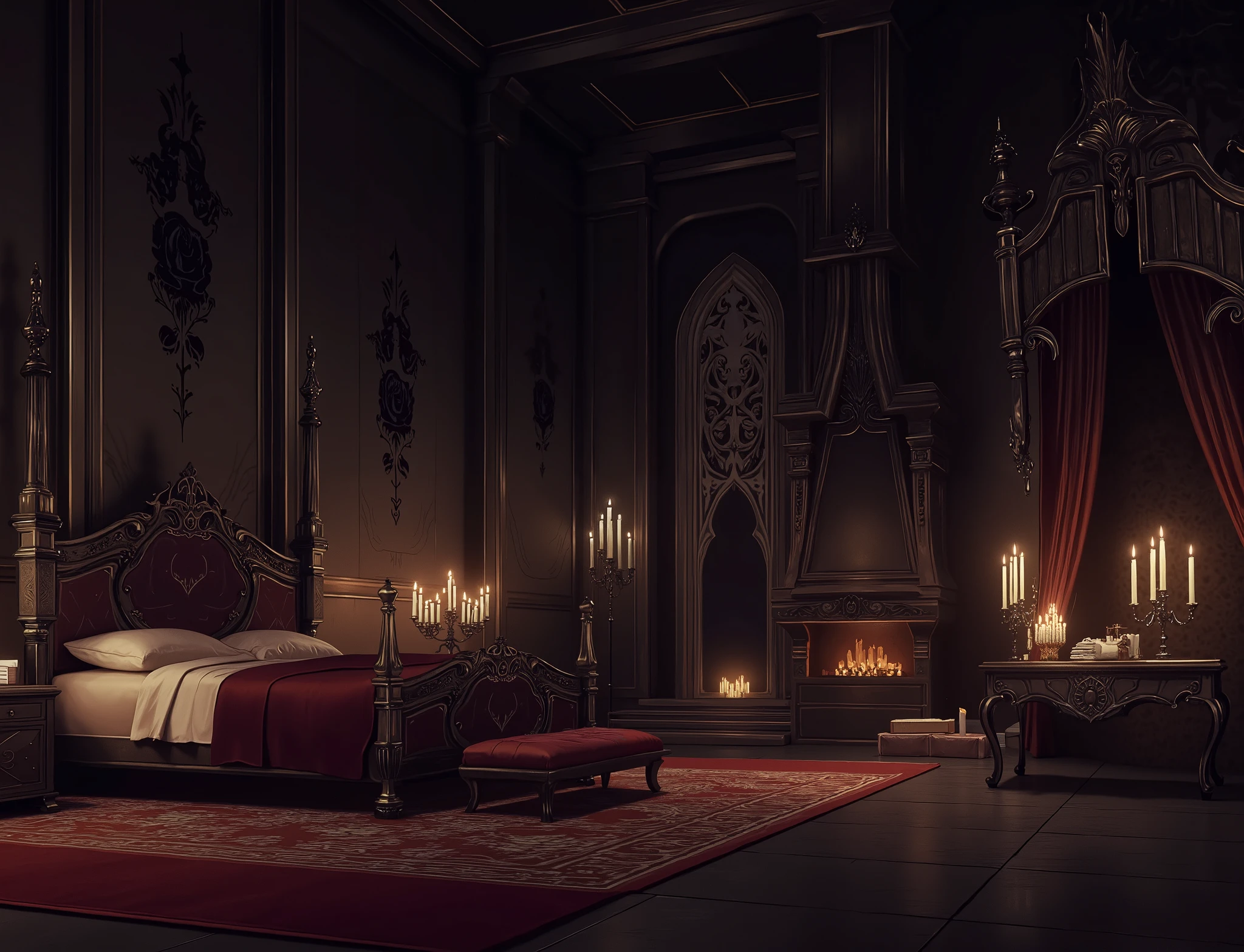  high definition, Accuracy,  High detail, medieval castle спальня , aura dark     ,  fantasy bedroom  , without people,  roses black decorated walls, candles, realism
