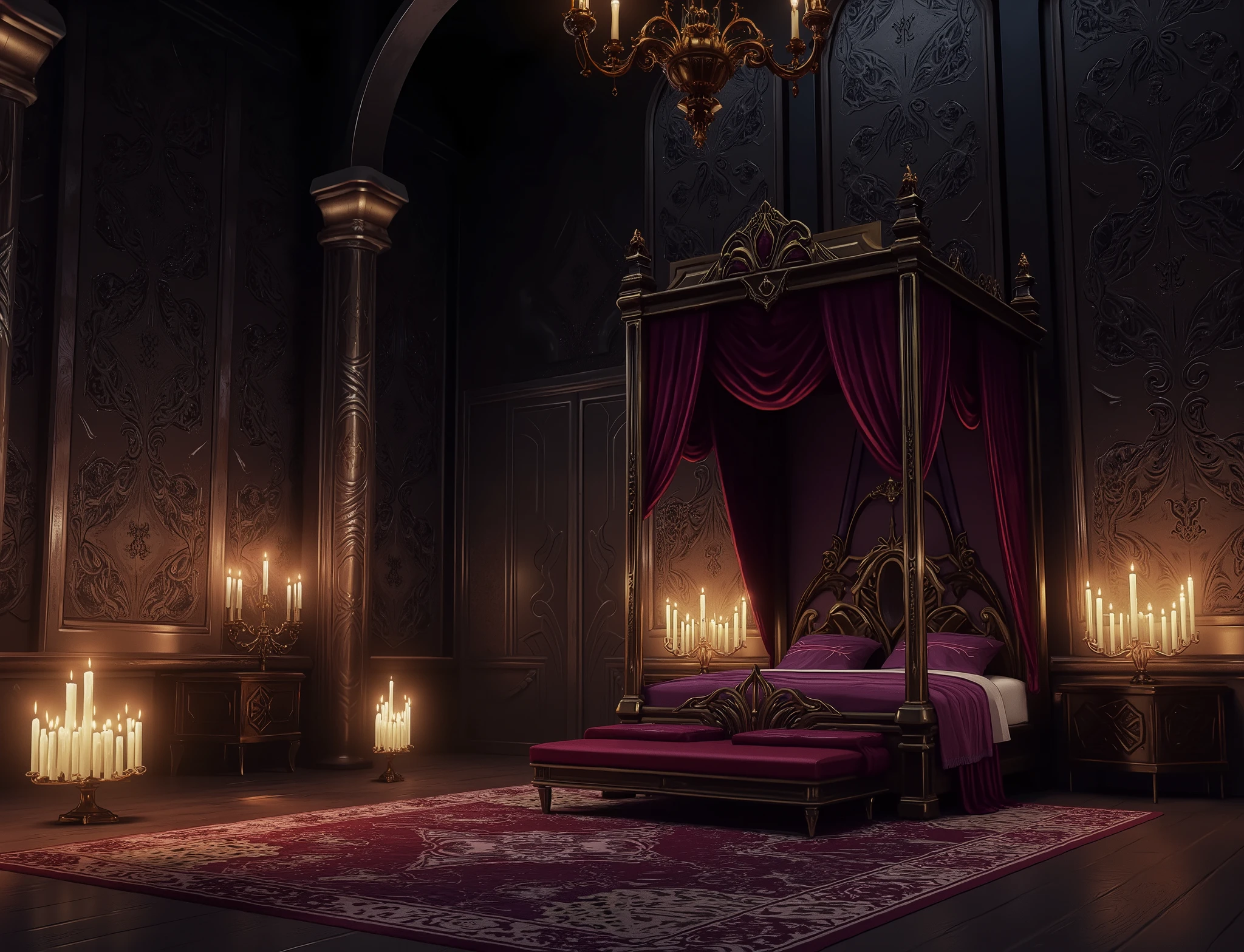 high definition, Accuracy, High detail, medieval castle спальня , aura dark , fantasy bedroom , without people, roses black decorated walls, candles, realism