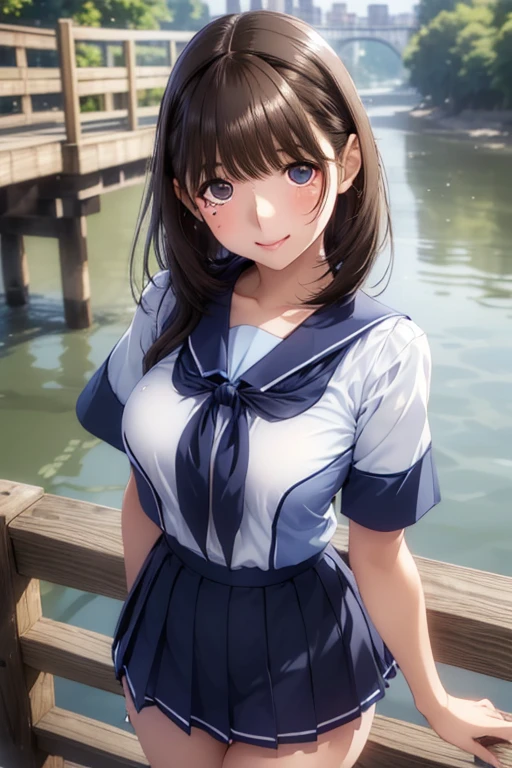 beautiful features、Japanese、brown hair、((ponytail、deep blue eyes:1.2))、shiny smooth hair, thick bangs、(bright smile:1.2), ((noise removal:1.2))、highly detailed eyes, highest quality, ultra high resolution, Beautiful and vivid illustrations、Ultra-realistic oily and shiny skin, Super fine, High resolution CG Unity 8K wallpaper, Raw photo, precise fingers, anatomically correct, sailor suit、navy pleated skirt、sit on a bench、Multi-tenant building、