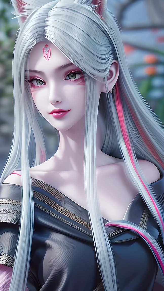  masterpiece,  Best Quality,  HD , ( Colorful background: 1.4), [ flash], [  viewers , portrait , Cute Chinese Girl 1 Man  ], ( long hair, Silver Hair ,  wave roll ,  Artistic Multi-colored Twisted Big Braids : 1.3,  furry fox ears , ),  Off Shoulder Short Sleeves  ,  delicate facial features ,  pink lips ,  Single woman's earrings ,  necklace ，Exquisite slim long legs
