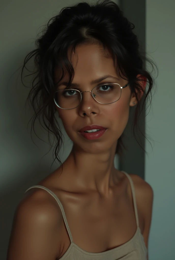 Naked girl on her knees making a mirror nude
She makes a selfie
More american, black hair, curly hear
From the front, wears glasses
More up right
Naked, sucks a cock
Has a penis in her mouth