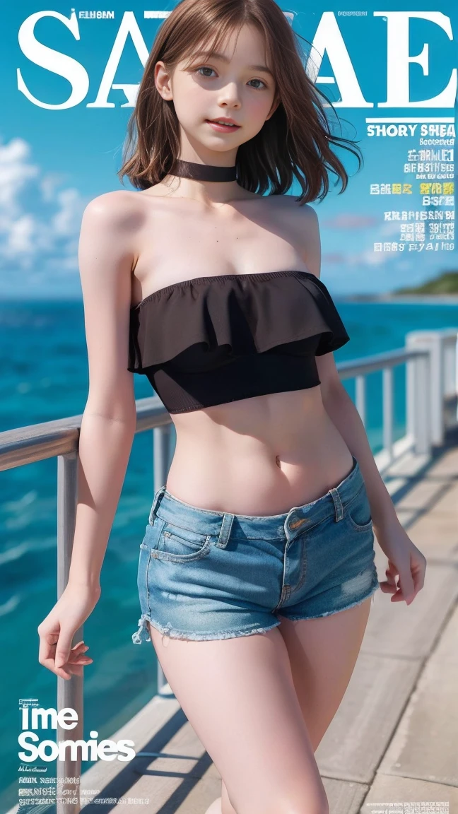 short cut hair,beautiful,K-POP idol,japanese idol,japanese actress,High resolution,beautiful skin,8K,RAW photo,highest quality,masterpiece,realistic,photo-realistic,clear,professional lighting,beautiful顔,highest quality,超High resolution,whole body,sexy,beautiful歯列, beautiful唇,denim mini skirt,high heels,Geometric-print-bikini,bikini