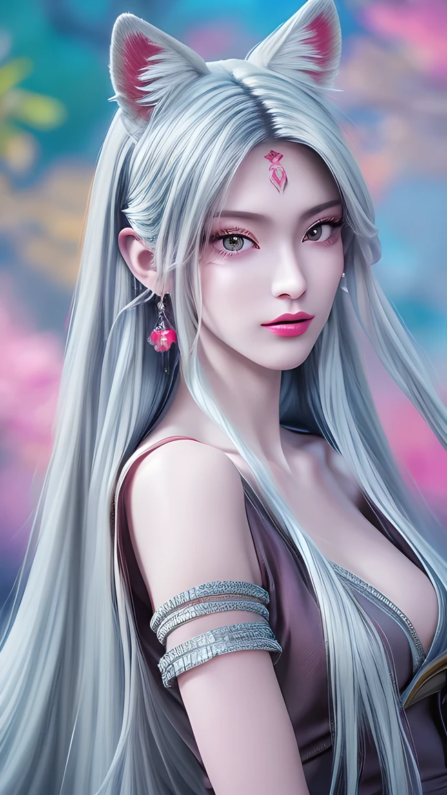  masterpiece,  Best Quality,  HD , ( Colorful background: 1.4), [ flash], [  viewers , portrait , Cute Chinese Girl 1 Man  ], ( long hair, Silver Hair ,  wave roll ,  Artistic Multi-colored Twisted Big Braids : 1.3,  furry fox ears , ),  Off Shoulder Short Sleeves  ,  delicate facial features ,  pink lips ,  Single woman's earrings ,  necklace ，Exquisite slim long legs