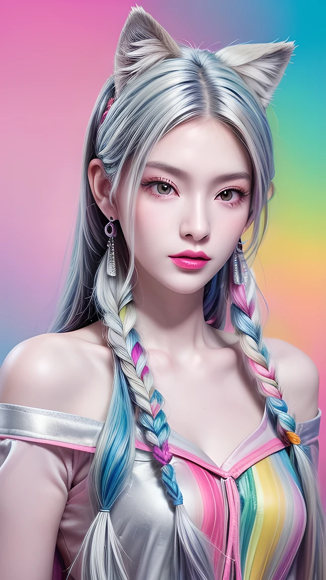  masterpiece,  Best Quality,  HD , ( Colorful background: 1.4), [ flash], [  viewers , portrait , Cute Chinese Girl 1 Man  ], ( long hair, Silver Hair ,  wave roll ,  Artistic Multi-colored Twisted Big Braids : 1.3,  Furry wolf ears  , ),  Off Shoulder Short Sleeves  ,  delicate facial features ,  pink lips ,  Single woman's earrings ,  necklace ，Exquisite slim long legs