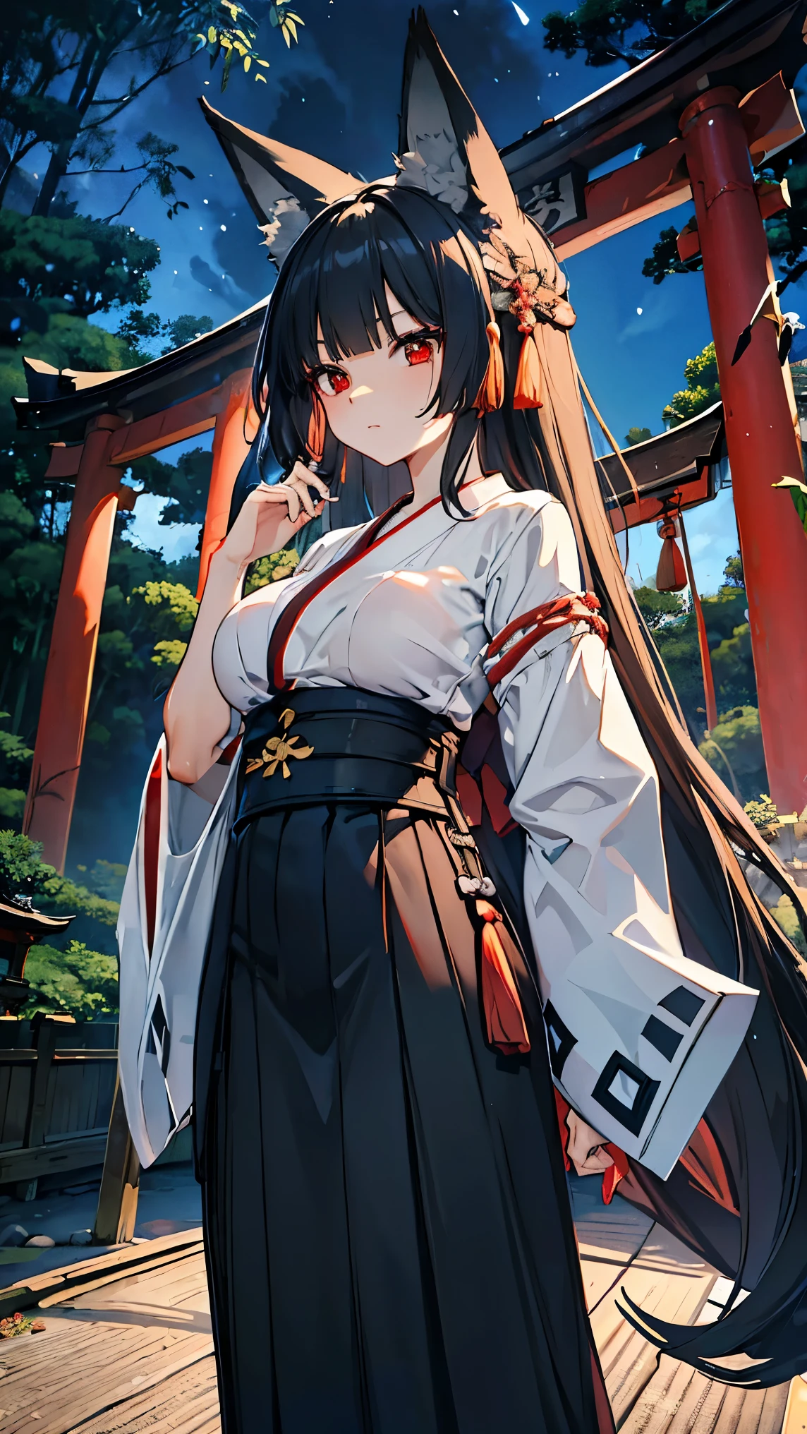 best quality 、、(Whitening skin)、 black hair, long hair, red eyes, fox ear,Petite、 slender,,,, big breasts, slender, sweaty,,,torii,Shrine maiden,Red Hakama,Night Sky,bamboo forest,shrine