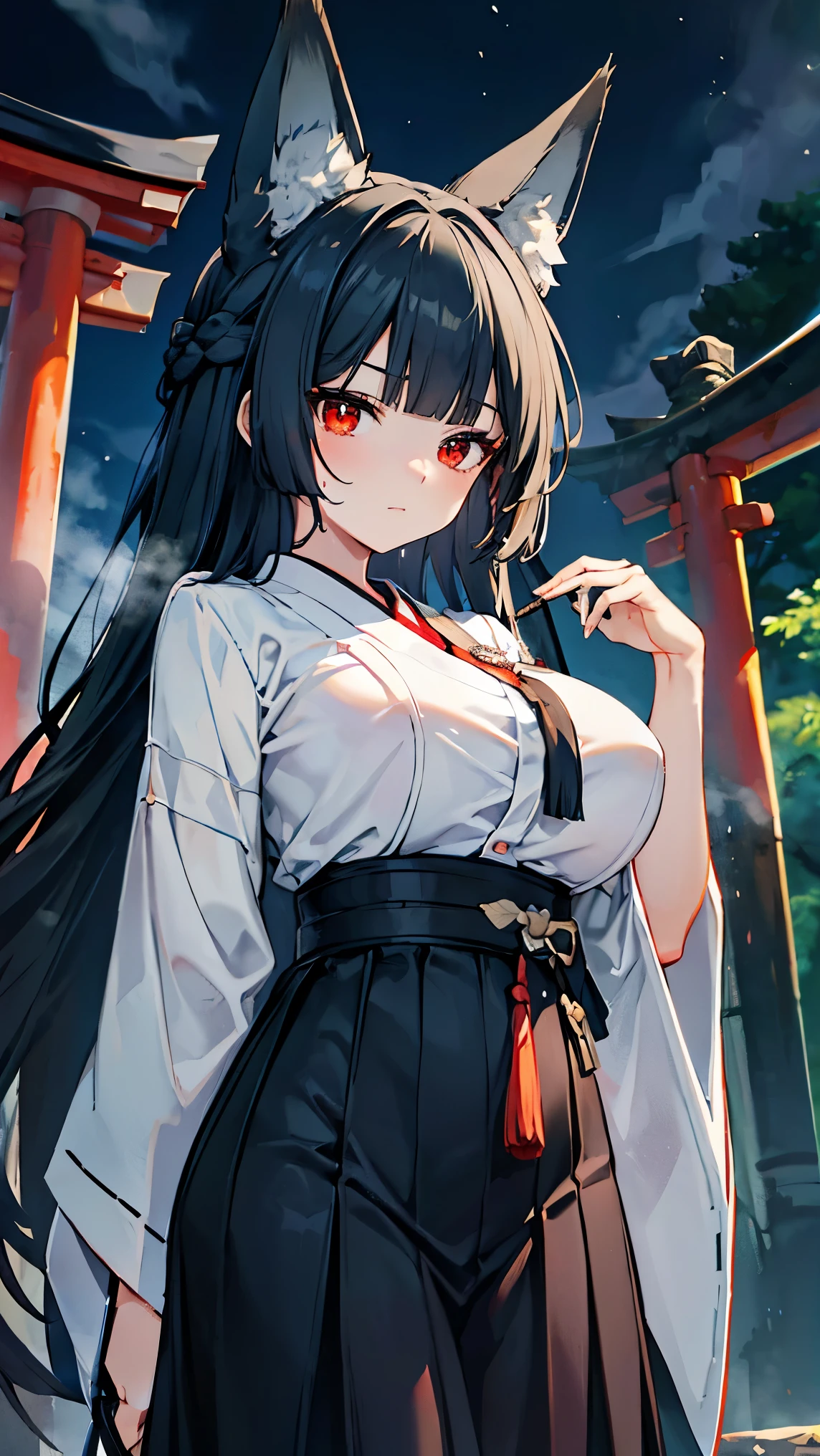 best quality 、、(Whitening skin)、 black hair, long hair, red eyes, fox ear,Petite、 slender,,,, big breasts, slender, sweaty,,,torii,Shrine maiden,Red Hakama,Night Sky,bamboo forest,shrine