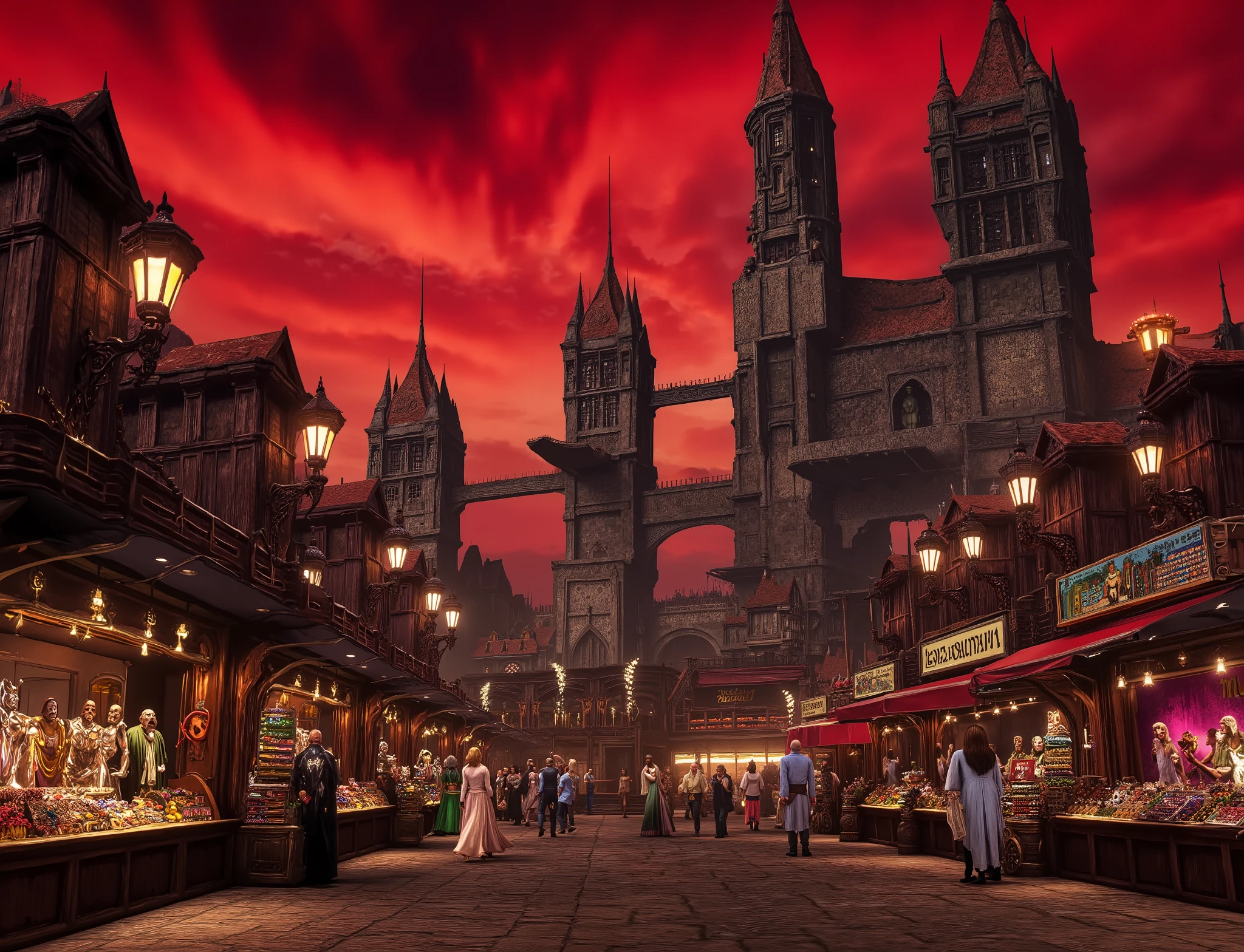 high definition, Accuracy, High detail, medieval kingdom with red skies , big market with monsters by elves , реализм