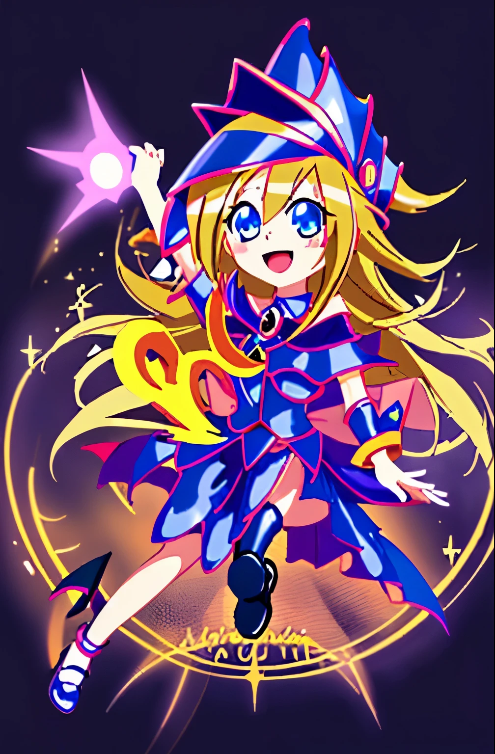 score_9, score_8_up, score_7_up, 1girl, solo, (loli:1.5), ???, flat chest, dark_magician_girl,blonde_hair,duel_monster,1girl,long_hair,green_eyes,bare_shoulders,wizard_hat,, no cane, cleavage,hair_between_eyes, boots, flouting, from side, legs up, smiling, open mouth, oversized clothes, looking at you, fantasy, galaxy