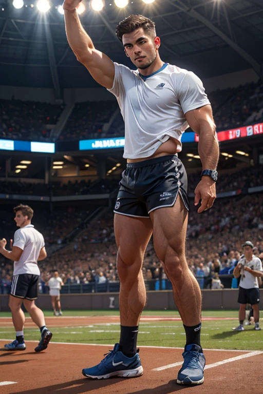 ((highest quality)), ((masterpiece)), (detailed), ((Perfect Face)), 4k, Shaved head, Young Japanese, Muscular, Fat body, Very big man, smile, ((showing off crotch)) A large Japanese man shirtless、whole body、Rugby player、Thick legs、Thick arm muscles、Intimidating、whole body、wearing a very tight and very short black-shorts, (shirtless)、At the rugby field, lying and Legs open,