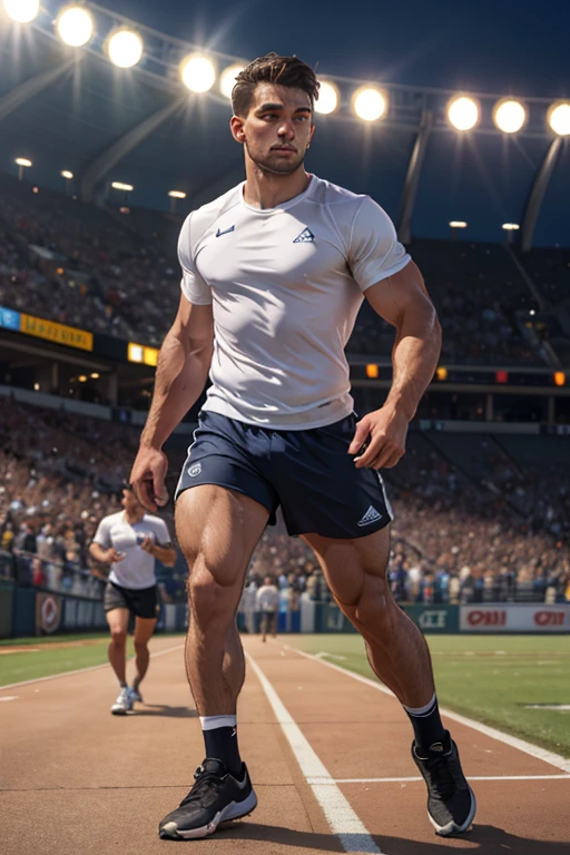 Araped man running through the park with frisbee in hand, sprint, 30-year-old male :: of movement, of movement and strong, Exercising in the field, muscular! CrossFit, strong body, of movement body build, Sam Nasor, of movement tall handsome guys, of movement CrossFit build, Jonathan Zawada, Medium shot of a hunky man