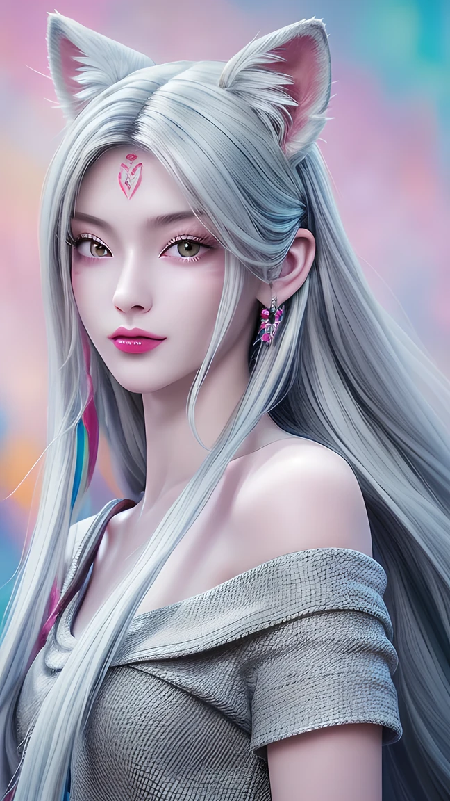  masterpiece,  Best Quality,    HD , ( Colorful background: 1.4), [  flash], [   viewers ,   portrait ,  Cute Chinese Girl 1 Man   ], ( long hair,   Silver Hair ,  wave roll ,     Artistic Multi-colored Twisted Big Braids : 1.3,   furry fox ears , ),   Off Shoulder Short Sleeves  ,    exquisite facial features   ,    pink lips ,    Single woman's earrings ,    necklace  