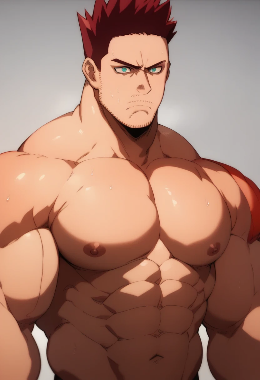Endeavor, shirtless, double biceps pose, muscular, muscles, broad shoulders, massive pecs, sweaty, glowing swirl in the eyes, blank expression, vacant stare, hypnotized, brainwashed, focused, High Resolution