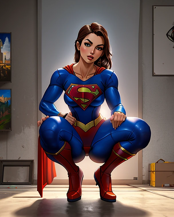 Tabith gazes at the costume, feeling a connection to the hero she admires. She hesitates for a moment, contemplating the decision before her. With a determined smile, she unfolds the costume, ready to embrace her destiny. Tabith steps in front of a mirror, holding the Superman costume against her body. She pauses, studying her reflection, imagining the possibilities that lie ahead. TABITH (whispering to herself) Maybe I can be more than just a scientist. Maybe I can be a hero. With newfound determination, Tabith begins to change into the Superman costume. She slips her legs into the blue suit, tugging it up. Next, she slides her arms through the red sleeves and pulls the cape around her shoulders. forming extremly large boobs and muscles.