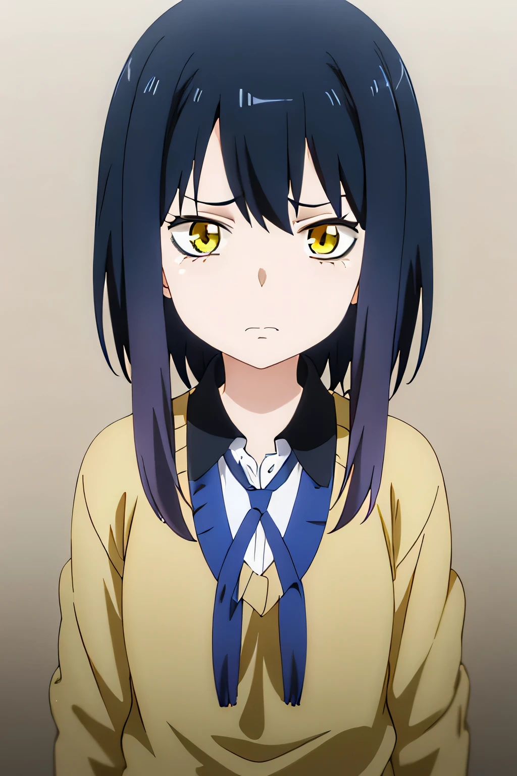 masterpiece, highres, absurdres,  , MikoYotsuyaR4, 1girl,  black hair, yellow eyes, short hair,  1girl, bangs, black hair,  yellow eyes, school uniform, simple background, Dark blue skirt, white socks, black shoes, portrait, annoyed cold expression. 
 