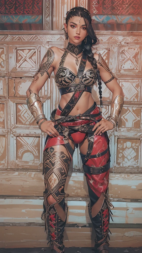 (((mulher))), (((melhor qualidade))), (((obra prima))), (((adulto))), ((( Vision from the waist up ))), Uma mulher gladiadora loira, of 30 years with athletic body, arabic , capuz, (((sozinho))), (((1girl))) , Gladiadores do Brooklyn, quase nua no estilo selvagem urbano de Simon Bisley para a capa da revista Heavy Metal, cabelos moicanos, pose sensual, tiny leather panties, , Minimum clothing, black and red arabesque pattern, armadura, cheio de pontas e estrelas, (((da cintura pra cima))), mohawk hair with small braids, explosion of colors, Wowdk