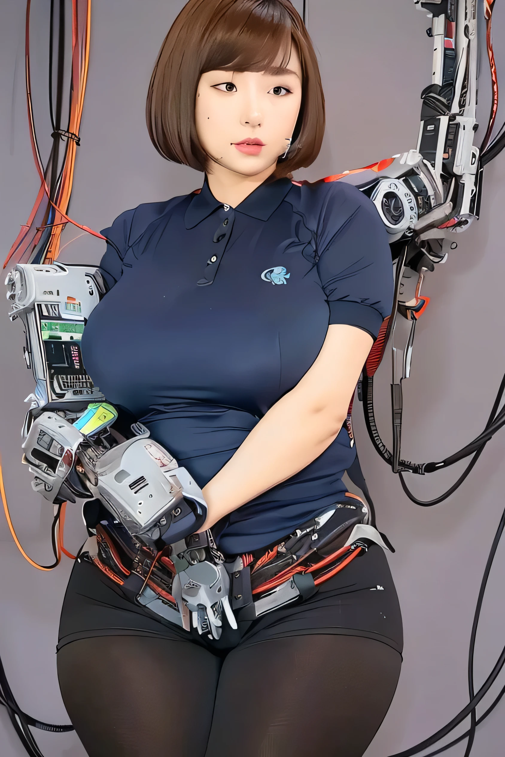 masterpiece, best quality, extremely detailed,front view,japaese android girl,control panels,android,Droid,Mechanical Hand,Robot arms and legs,polo shirt,long hair,brown hair,long tube,thick cable connected her neck,mechanical crotch,