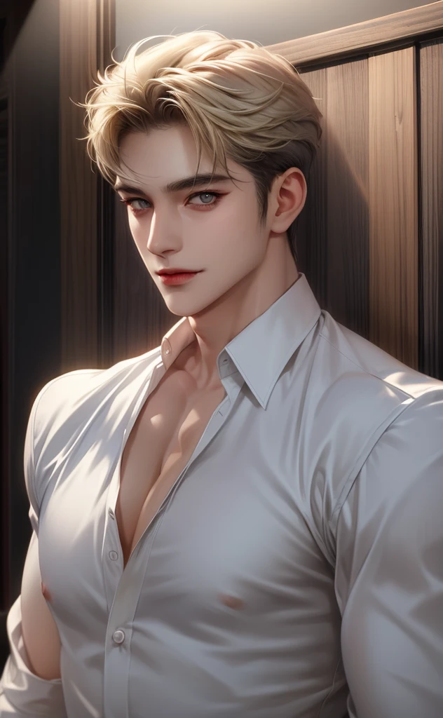(masterpiece,best quality,ultra_detailed,highres,absurdres) (detailed shadow) (quality light),1 mature male, 30-ish, (wide shoulder), ((no chest hair)), male focus, solo, short sand blond hair (grey eyes), ((no beard)), simple background, upper body, looking at viewer, parted lips, round eyewear, open white shirt, long sleeves, showing a bit of muscles, smirk smile face.
