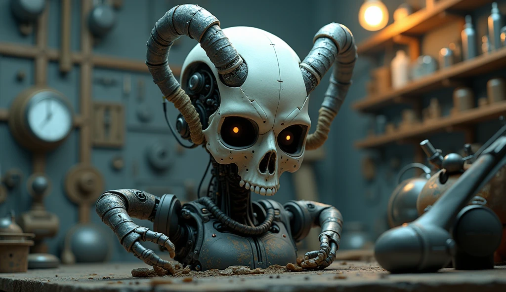 (cybernetics by emb-rrf2:1.1),(highly detailed:1.2),(best quality:1.2),(8k:1.2),sharp focus,(subsurface scattering:1.1),award-winning photography, (close shot:1.1),bald detailed futuristic workshop,(robotic skull:1.2), (horns made of twisted bone:1.2) (very detailed background:1.2),(sci-fi:1.2), knollingcase,(dreamlikeart:1.2),(hyperrealistic:1.2), dramatic lighting, by Jeremy Lipking Antonio J. Manzanedo greg rutkowski alphonse mucha wlop