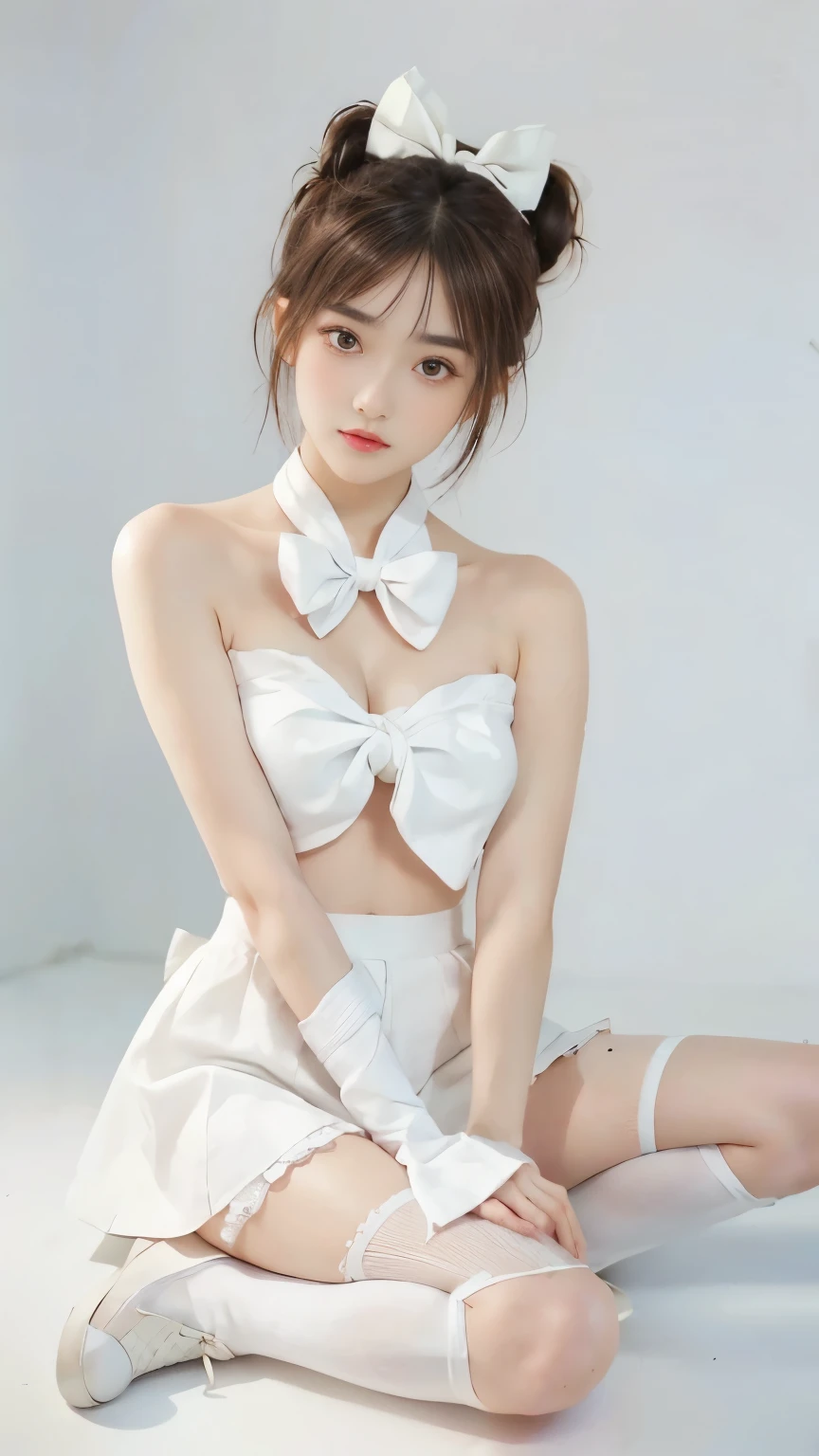The body is completely normal.,girl, short skirt,white platform boots,platform shoes,((white stockings)),((Masterpiece, best quality, High resolution)), 8K ที่Very detailed, beautiful girl with , (Hyper HD, Very detailed, เนื้อหามีรายVery detailed, Very realistic, Surreal, Live photos), (1 woman,Bow knot:1.5), (realistic brown), short hair details,Bow knot,Hair pins, (Dynamic camera poses,, Beautiful and delicate face,slightly open, beautiful eyes),, glow,