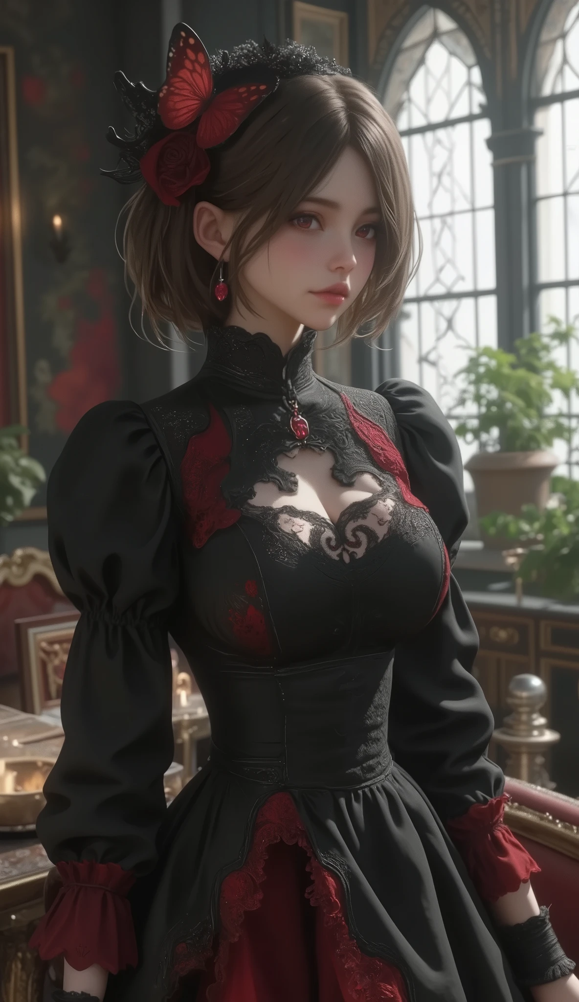 expressionless,,(dark fantasy),(( amazing illustration )),(Detail Splash),  long dark hair,  red eyes,  girl , Pure black dress, Collar only, The cuffs and skirt are dark red ,  red butterfly hair clip fastened on the side, Masterpiece, 最 High Quality ,  High Quality ,   Headpiece  ,,  red and black crystal necklace ,  black knee-high socks
