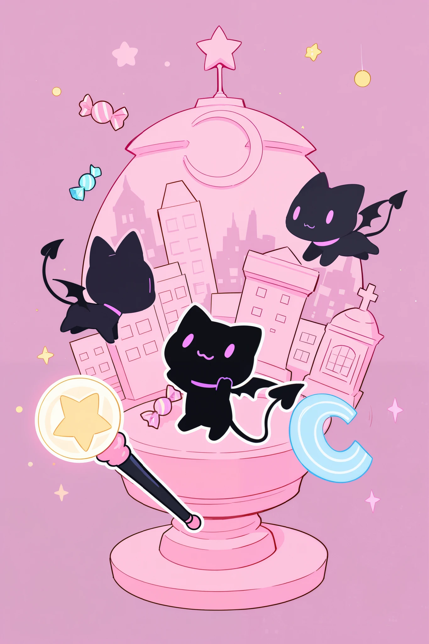 Chibi black kitten with devil's winged devilish tail floating, magic wand, city where all objects are luminous,
Cute, candy, candyfloss, pink theme, statue of an old witch erected in the town's central square