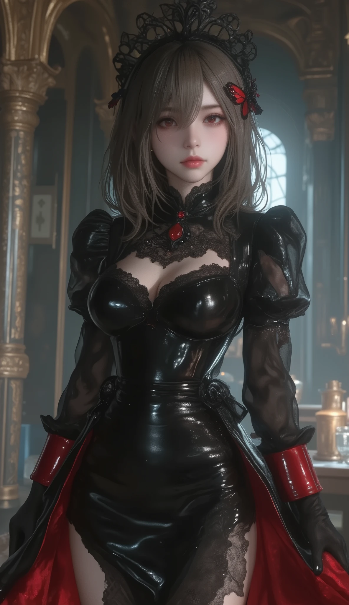  expressionless,,(dark fantasy),(( amazing illustration )),(Detail Splash),  long dark hair,  red eyes,  girl , Pure black dress, Collar only, The cuffs and skirt are dark red ,  red butterfly hair clip fastened on the side, Masterpiece, 最 High Quality ,  High Quality ,   Headpiece  ,,  red and black crystal necklace ,  black knee-high socks