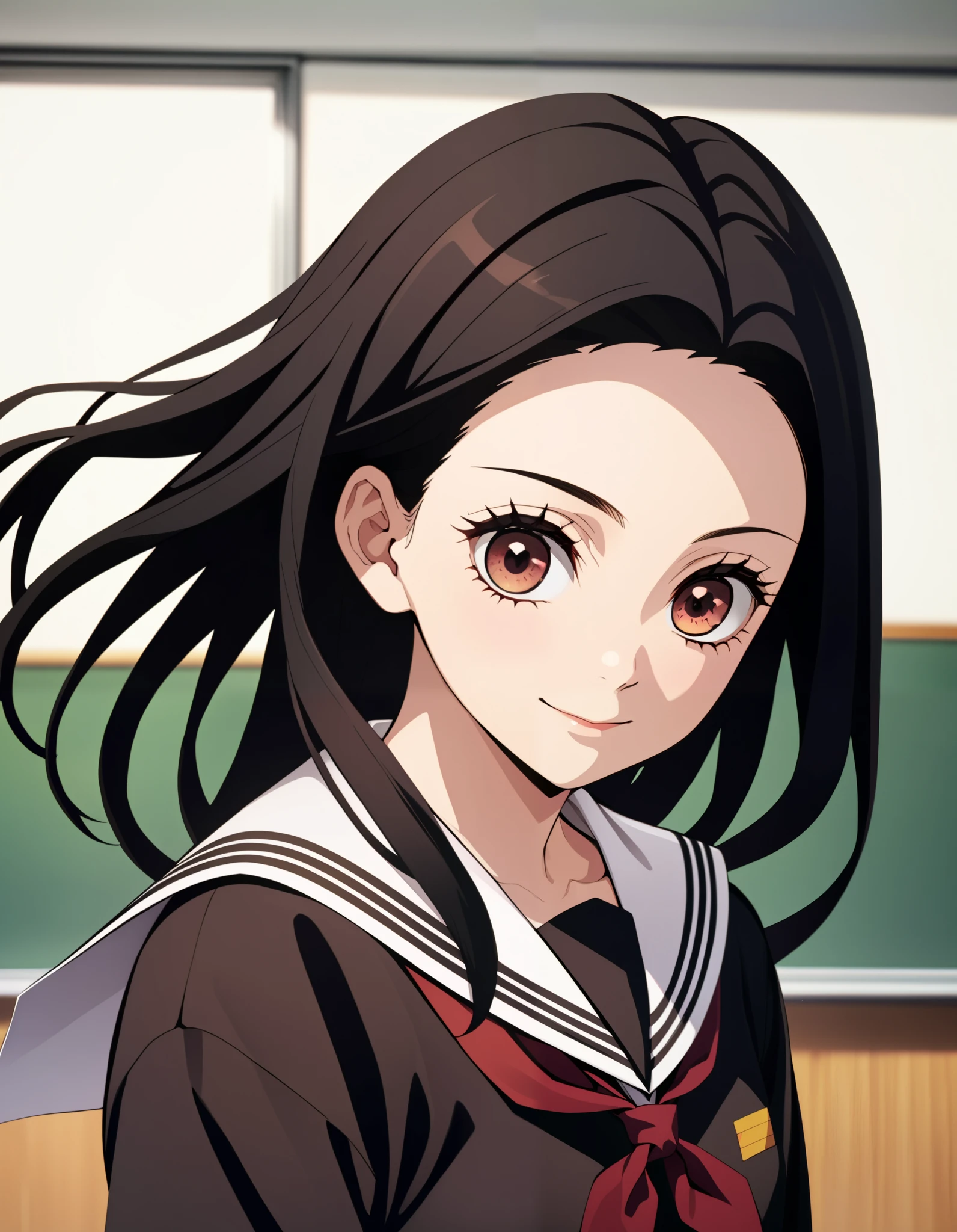 score_9, score_8_up, score_7_up, (Demon Slayer, Kimetsu no yaiba style), (nezuko kamado), (1girl, solo), ars old, upper body, (black long hair, smooth straight hair, asymmetrical parting hair:1.1), forehead, brown eyes, (Japanese school uniform, sailor suit, JK), smile, (front view, looking at viewer), standing in the school classroom