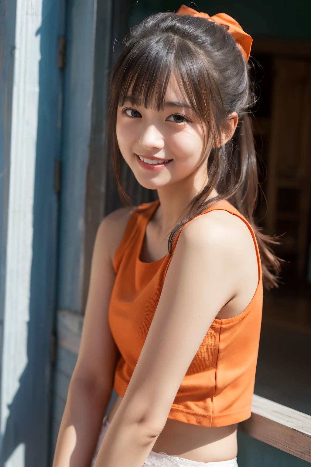 Lens 135mm f1.8, (highest quality),(RAW photo), , (Beautiful Japanese girl), cute face, (deeply carved face:0.7), (freckles:0.6), ,dramatic , (japanese school (croptop) light_red tanktop), (inside the school), shy, low twintails, , (smile),, (sparkling eyes)、(standing), body forward, Facing forward、
