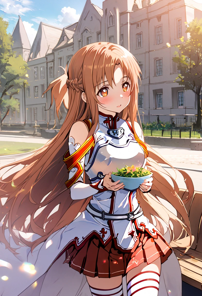 masterpiece, best quality, very aesthetic, absurdres, 1girl, mature_lady, ,,asuna_(sao), sword_art_online, brown_eyes, brown_hair, long_hair, very_long_hair, braid, french_braid,armor, armored_dress, breastplate, white_armor, belt, white_belt, dress, white_dress, detached_sleeves, elbow_gloves, gloves, sleeveless, sleeveless_dress, miniskirt, pleated_skirt, red_skirt, skirt, thighhighs, white_thighhighs, zettai_ryouiki,,,in a banquet,blur background,background defocus,pussy_juice