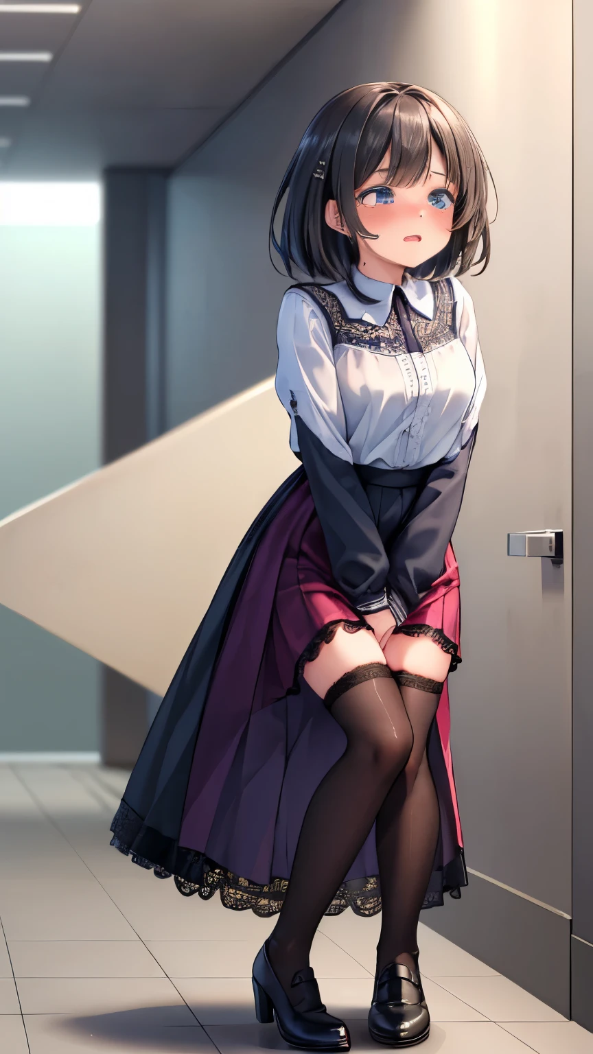 (8K, ultra-detailed, best quality, ultra-detailed face, anatomically perfect figure, extremely detailed beautiful girl:2),  natural makeup, (SIGMA 135 mm F/2.8, 1/20 sec shutter, award-winning photo), beautiful small breasts, shiny skin, (have to pee), (wearing chiffon blouse, put on heels:1.1), (Disheveled hair), (She is casually but extremely frantically kneading her crotch along with her lace skirt:1.6), (standing wiggle:1.3), (restless foot shuffling), fidgety pee-dance, (panting), (full face blush), embarrassment, (impatience:1.1), (flustered), breathless, (unable to hold pee anymore desperate face:1.2), (She needs to urgently pee so badly), Around town, (She is desperately waiting for her turn to use the restroom:1.1), (focus full body:1.2), side view, nsfw,
