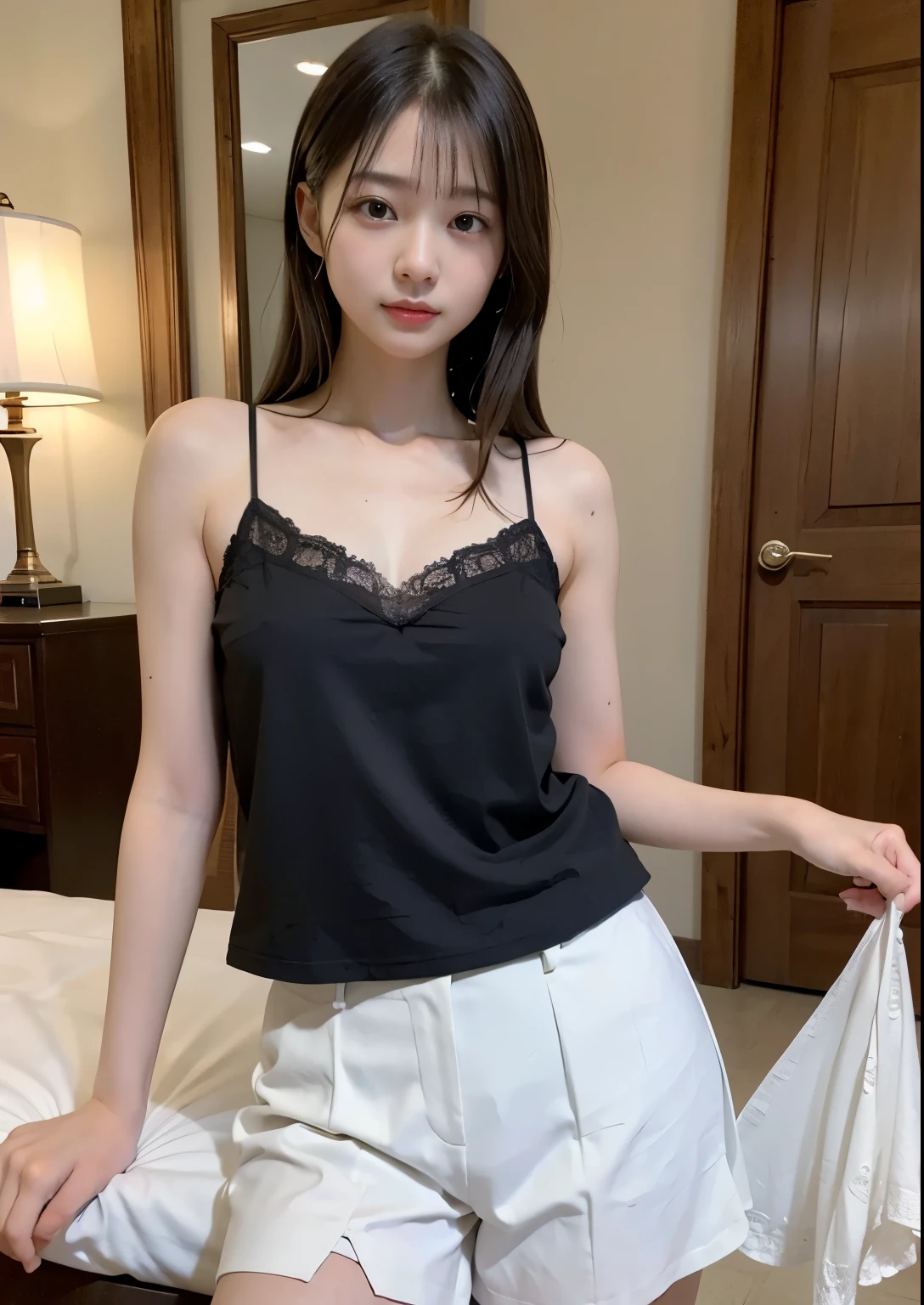((Top quality, 8k, Masterpiece: 1.3)), beauty, hidden face, 1 girl, beauty: 1.3, slender abs: 1.1, camisole vest, long black hair, (sitting on bed), ultra-detailed face, highly detailed lips, detailed eyes, double eyelids, (black lace stockings: 1.3) + (short skirt)