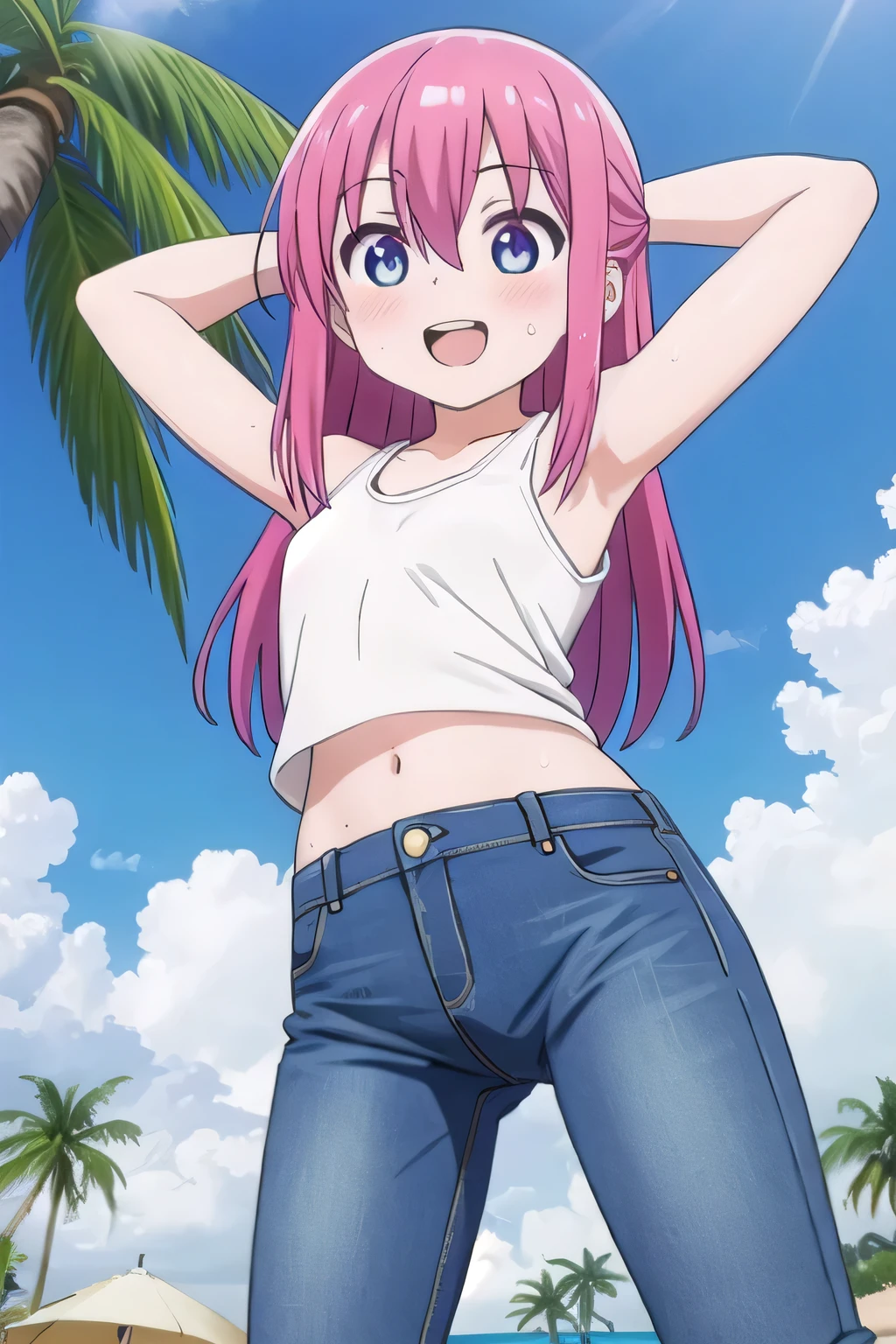 masterpiece,best quality,ultra detail, ((Perfect Face, Perfect Arms, Perfect hands, Perfect Fingers)), 1girl, , peti ((round face, ecstasy, orgasm face, drooping eyes, shame smiling, blush)), dropping eyes, sleepy, background((under the beach, (day:1.2), palm tree, bright sky)), hitori gotou, blue eyes, cube hair ornament, hair between eyes, hair ornament, pink hair, one side up, long hair, ((arms behind head)), contrapposto, spread armpits, ((invisible hands, invisible fingers)), looking at viewer,, (white tank top:1.2), (white crop top:1.2), (jeans pants:1.2, flares jeans:1.2, skinny jeans:1.2, blue jeans:1.2), standing, (legs spread:1.2), sex pose, Sweaty crotch, Steam from the crotch, from below, full medium body