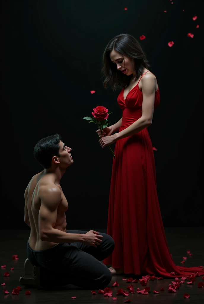 realistic horror painting in which a desperate and tormented man is being rejected by a woman. The man, with an expression of deep despair and wide eyes, kneels offering a bouquet of flowers to the woman, his hands shaking as he begs for her love. His skin is pale and marked with dark veins, as if the rejection is literally draining the life out of him. The woman, with an ethereal and sinister beauty, stands above him, looking down at him with a cold and impassive expression. She is dressed in a red dress that seems to flow like shadows around her feet, and her brown hair waves as if moved by an invisible wind. The surroundings are dark and oppressive, with dramatic blue lighting. The contrast between the man's desperate plea and the woman's implacable coldness creates an atmosphere of deep psychological terror.