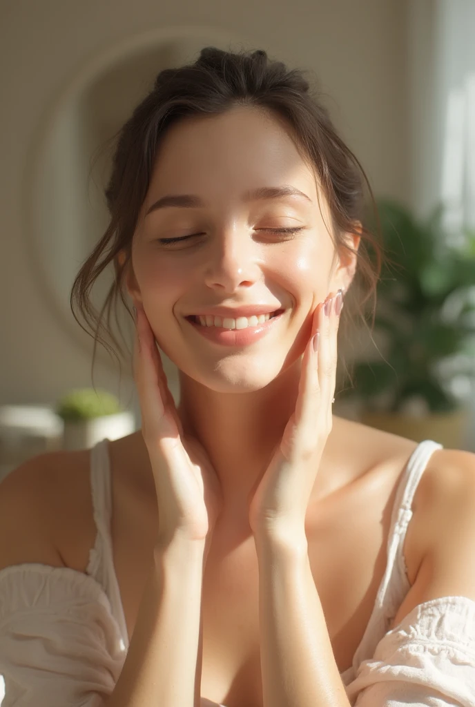 A young women, embodying the essence of proper skin cleansing, radiates a sense of purity and rejuvenation. Her serene environment complements her self-care routine. The mood captures tranquility and freshness, resonating with a feeling of renewal. Artists like Renoir and Monet have portrayed similar themes. To capture this image, set the camera to a soft focus, warm lighting, and a gentle vignette effect.