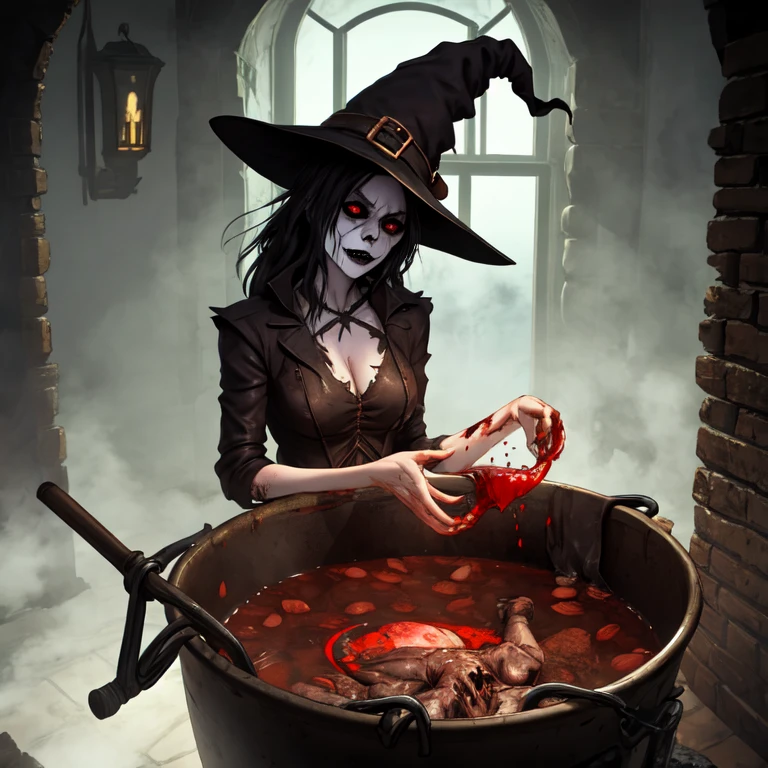 Undead wounded witch is boiled in a huge cauldron, blood, horror atmosphere, death