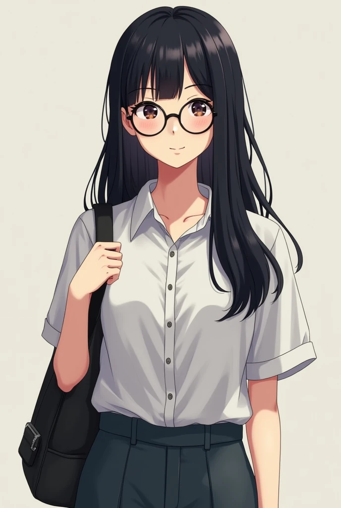 Anime girl with a hat and glasses holding a bag - SeaArt AI
