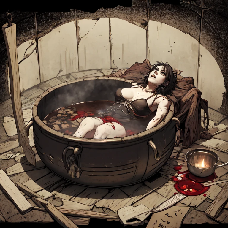 Undead wounded Scarlett Johansson is boiled in a huge cauldron, blood, horror atmosphere, death