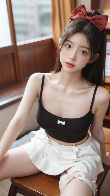 girl,  sitting at the desk with dark eyes, Big Breasts ,ultra-short mesh skirt,(( no underwear )),(( masterpiece,  Best Quality,  high resolution )), Super detailed 8k , beautiful girl with , ( Ultra HD,  Very Detailed,  Very Detailed的内容,   very realistic  ,  surrealism , Live Photos), (1 名girl，bow:1.5),   (Camera dynamic poses,,  beautiful and delicate face，Open your legs,  beautiful eyes ), open your mouth:1.3,Bust posture ,Lift your head and look up