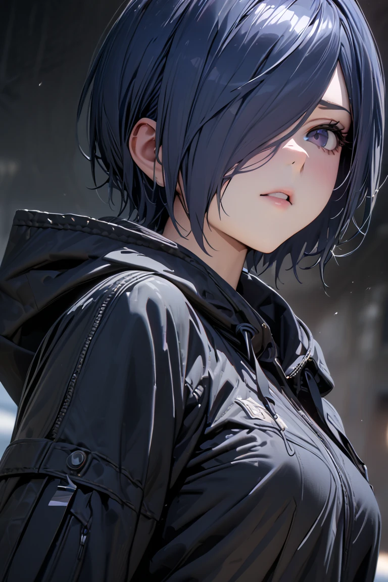 boyish,Very short hair,Black Hair,Large Breasts,black long raincoat,Wet,blush,Serious face,blue eyes,forest,rain,fog,cloudy,Put on the hood,